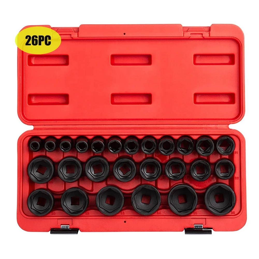 Viktec 10mm-36mm Cr-Mo легированная сталь 26PC радиус Угловой дизайн 1/2 Inch привод ударная розетка набор (VT19099)