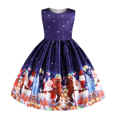 Hot Selling Vintage Dress Girls O-Neck Sleeveless Christmas Santa Claus Print Dresses Costumes For Girls