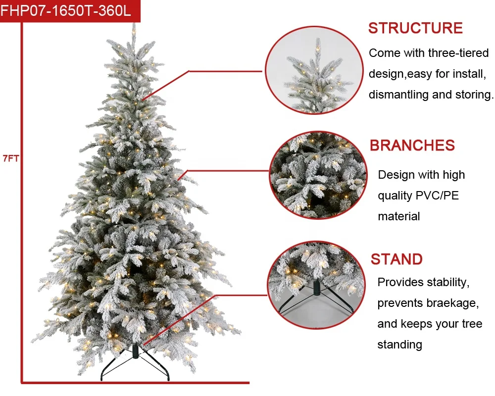 Popular Pretty Shaped Artificial Flocked Christmas Tree with LED Lights Snow Prelit Christmas Tree for Holiday Party Decoration
