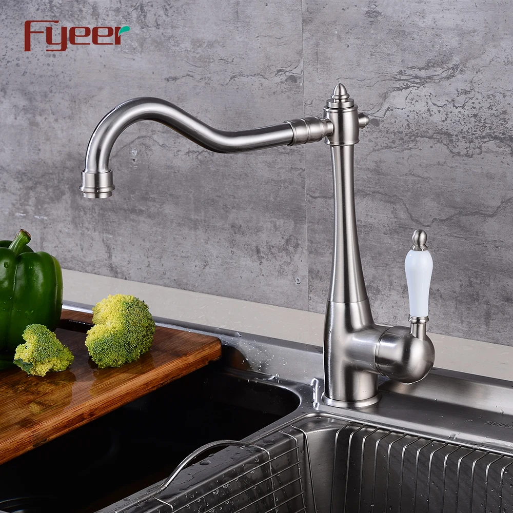 Fyeer Solid Brass Brush Finishing Kitchen Sink Mixer with Ceramic Handle