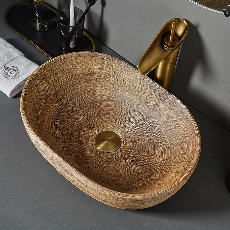 LJ24-066-074 Ceramic Bathroom Vessel Sinks Washbasin Oval Grain Wood Color Bathroom Retro Wash Basin
