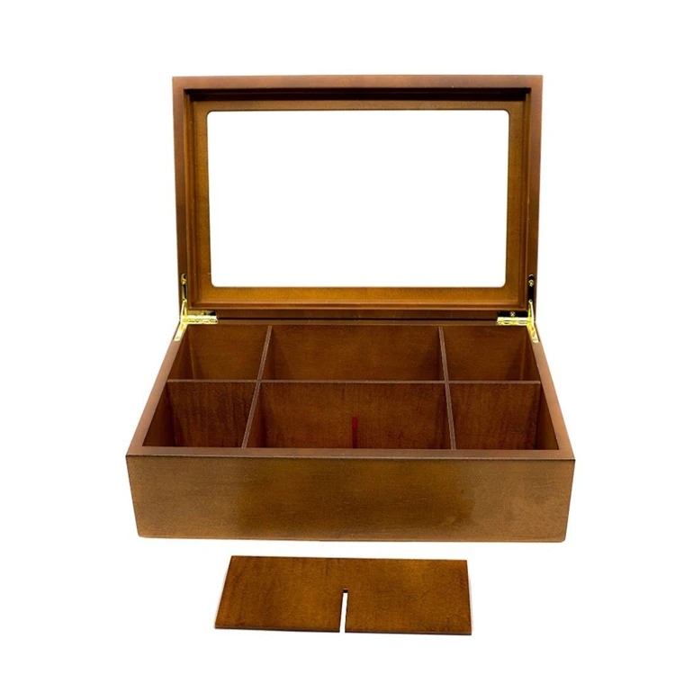 Hot sale storage chest 8 compartments glass window wooden wood bamboo tea box with tea
