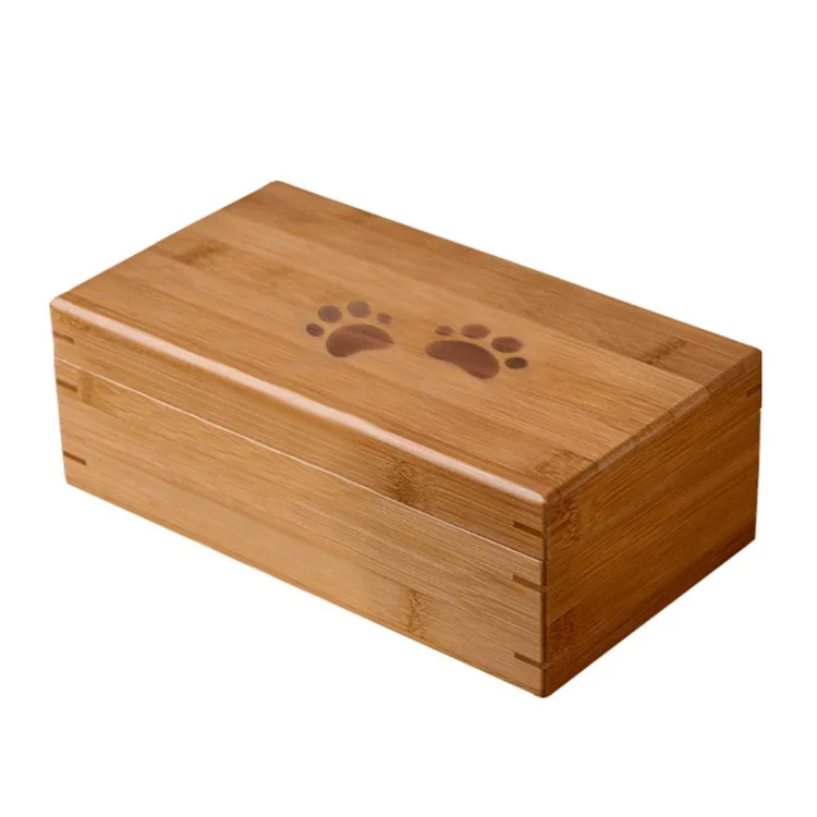Polished Rectangular Animal Wooden Pet Memorial Keepsake Box Bamboo Urn For Dog Cat