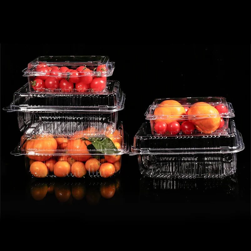 PET clamshell takeaway box plastic disposable hinged fruit container with lid for supermarket