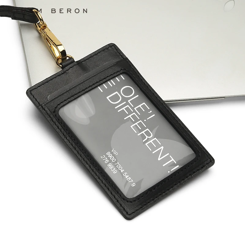 Hiram Beron Italian cow leather ID Card Holder Badge black staff neck card