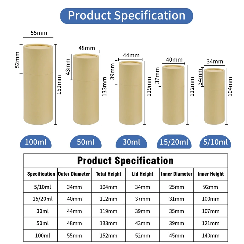 5ml 10ml 15ml 20ml 30ml 50ml 100ml stock perfume essential oil bottle recyclable cylinder tube round cardboard paper tube box