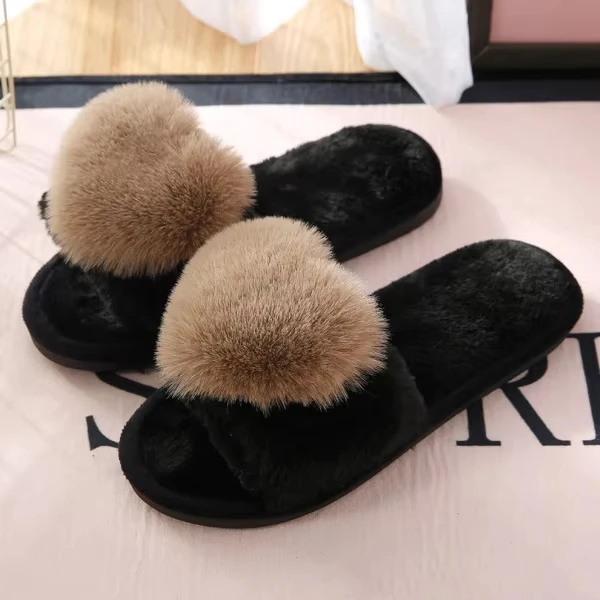 Fusheng Custom logo Warm Ladies Fashion Flat Shoes Female Open Toe Memory Foam Cute Love Heart Plush Fur Women Home Slipper