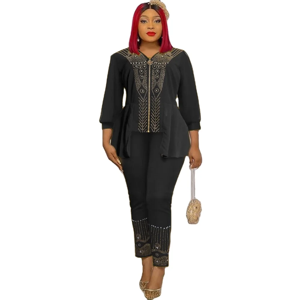 2023 Luxury Two Pieces Clothes Set African Women Shirt And Pants Sets With Rhinestone Top And Down Suits K0245