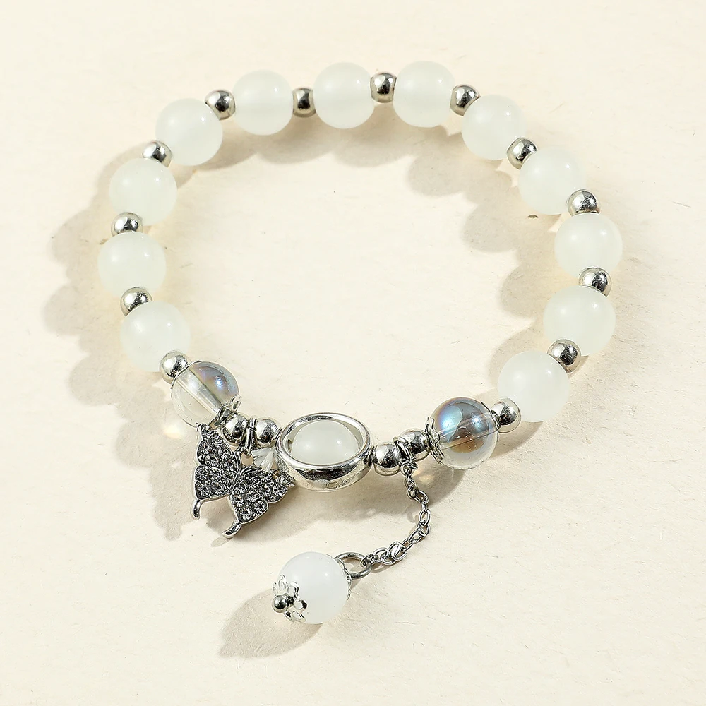 Korean Fashion Imitation Opal Bracelet Simple Strand Beads Moonstone Crystal Butterfly Pendant Jewelry Gifts Bracelets Bangles