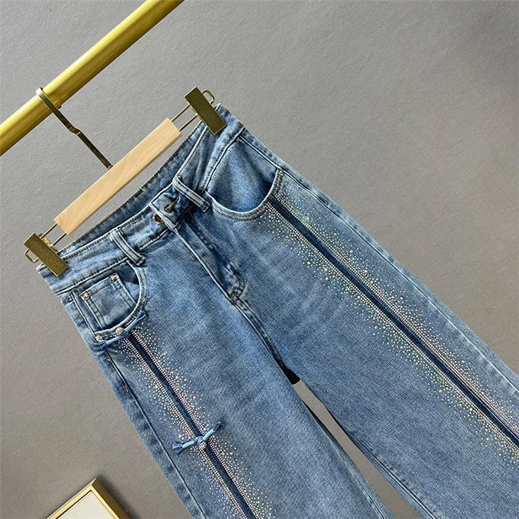 Loose Straight Jeans Women Chinese Tradition Asymmetric Drill Frog Demin Pant
