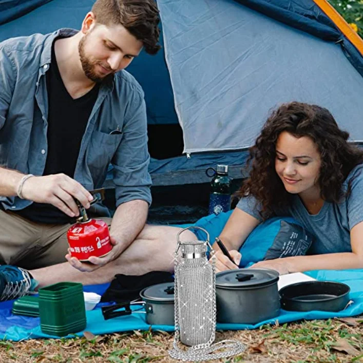 Women Gold Vacuum Bling Rhinestone Stainless Steel Thermal Refillable Insulated Water Bottle