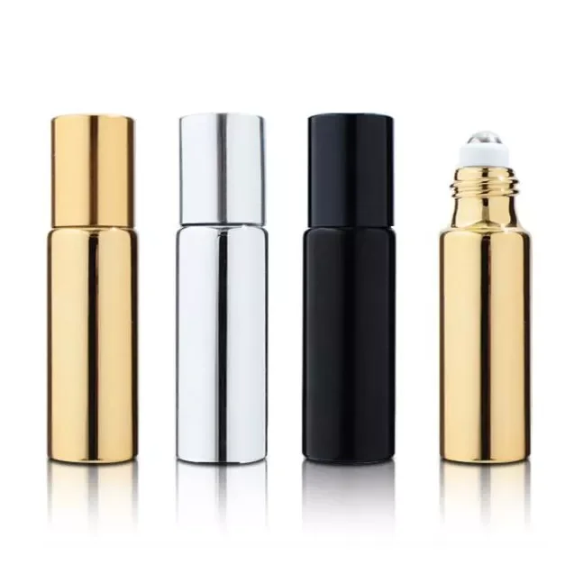 perfume roller bottle container black  sliver UV glass roll on bottle empty gold glass spiral cap essential oil bottle 10ml