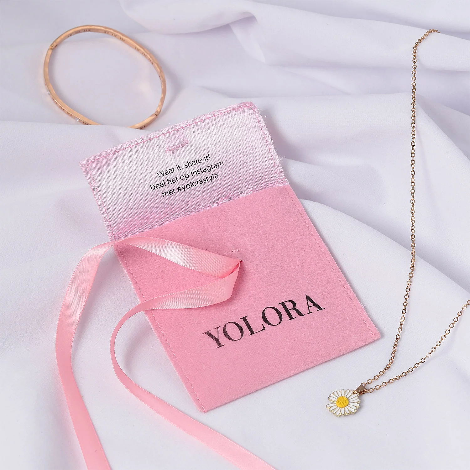 Custom logo satin lined necklace pouch pink envelope flap jewelry packaging velvet bag with bow-knot
