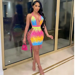 JY032 Hot selling green sequin dress sexy deep v neck women sleeveless mini lace up club dress