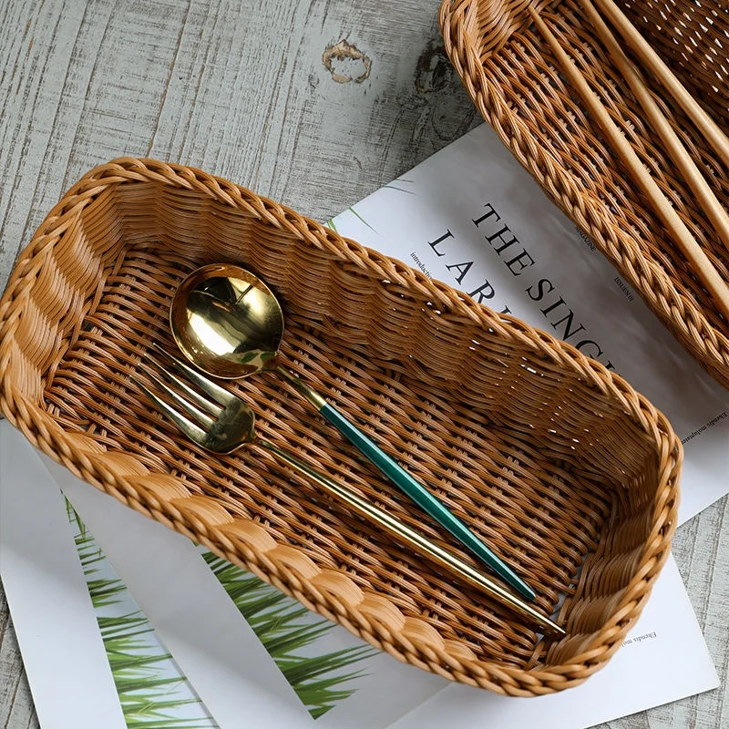 Oem Service Supply Rattan Handmade Weaving Kitchen Cutlery Plastic Storage Basket Plastic Wicker