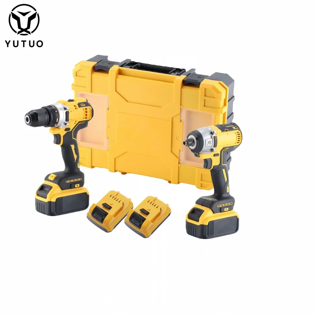 YUTUO wholesale 21V cordless battery powered plastic box power brushless impact drill electric wrench set