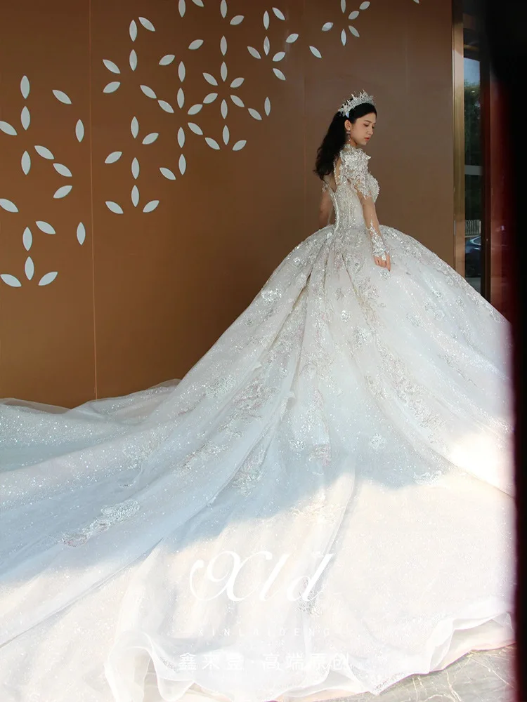 ZX-3025 Wedding dress bride 2024 new runaway princess heavy luxury main yarn long tail style long sleeves