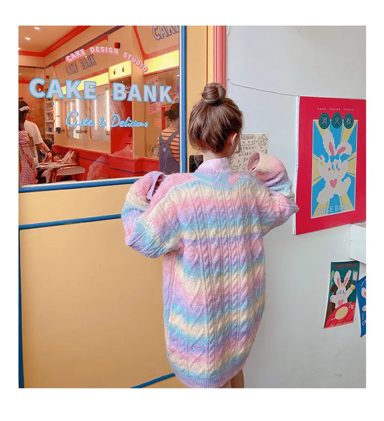 Female Long Tie dye Cardigan Women Sweet Kawaii Sweater Coat Faux Fur Rabbit Rainbow Knitted Cardigan