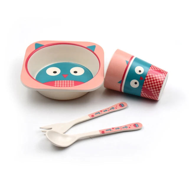 5pcs/set Baby Bamboo Bowl Spoon Fork Feeding Tableware Set Cartoon Animal Bee Kid Dishes Feeding Bowl Dinner Plate