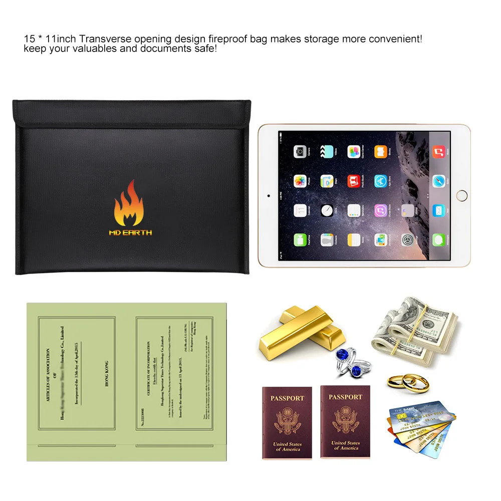 28*38cm In Stock File Holder Waterproof Black Fiberglass Fabric Fireguard Large Capacity Documents Fireproof Bag