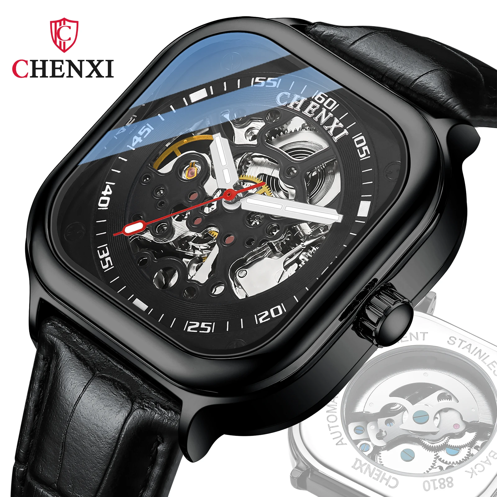 CHENXI 8810 Luxury Genuine Leather Square Skeleton Mechanical Watch Men Fashion Luminous Waterproof Fully Automatic Watches Mens
