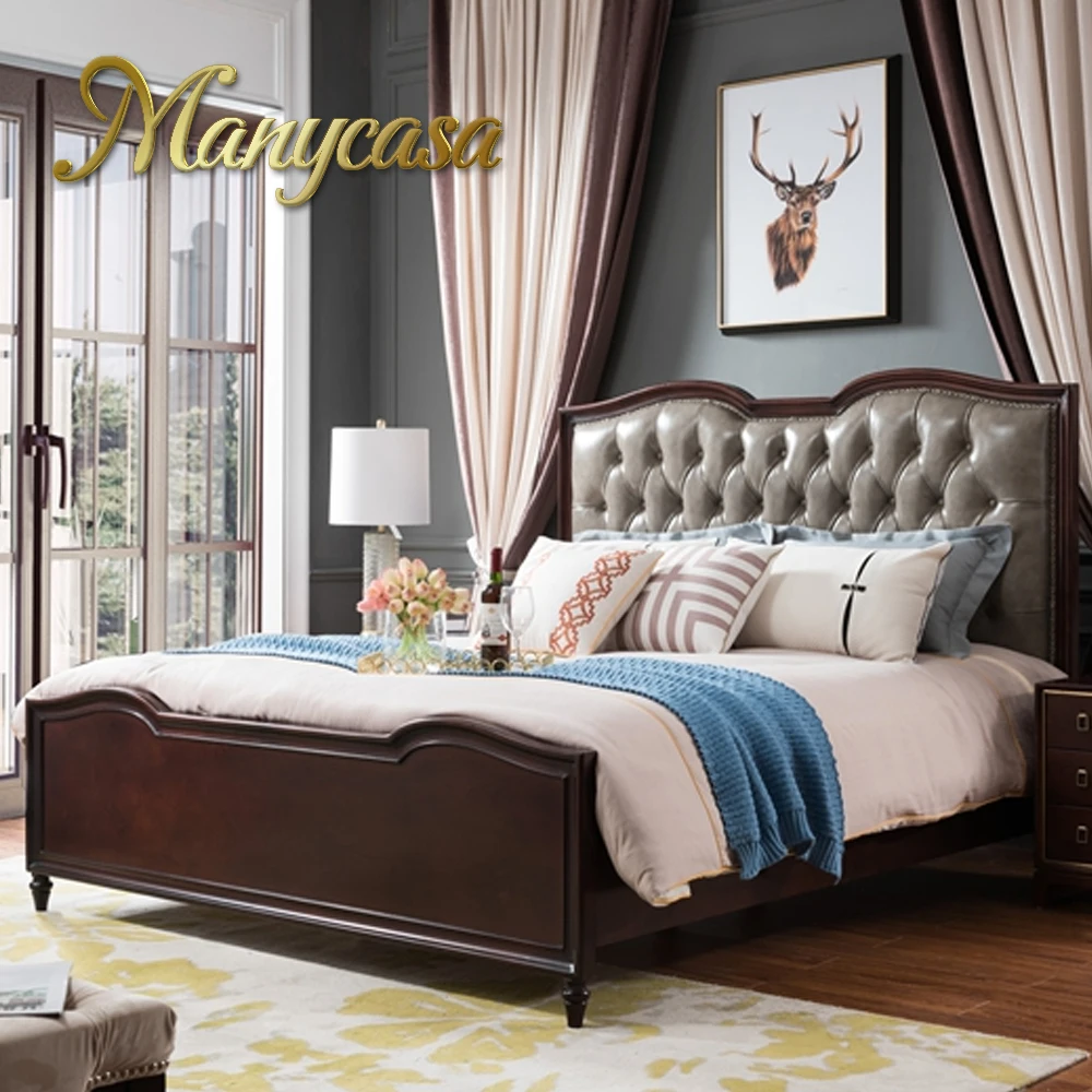 Роскошное винтажное деревянное резьбовое двухместное обивочное кожаное изголовье кровати из массива дерева