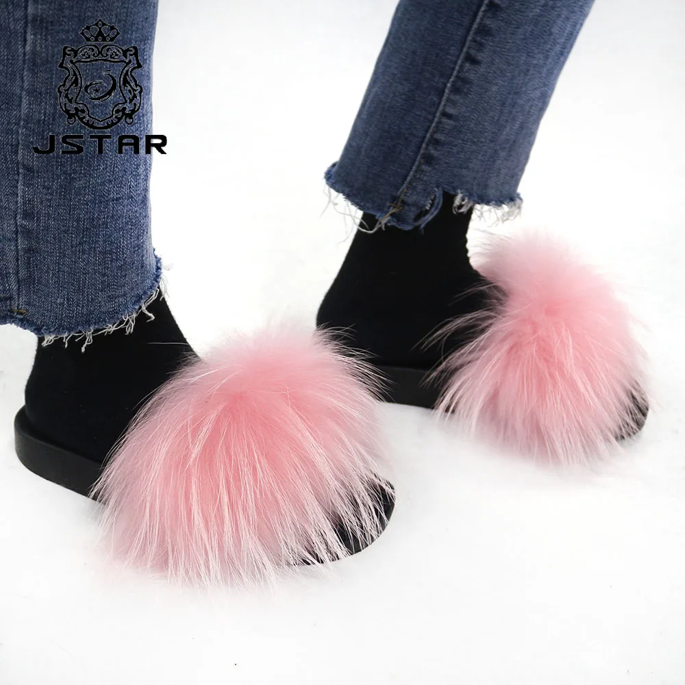 Wholesale women fur slippers furry slippers real fur sandals raccoon fur slides