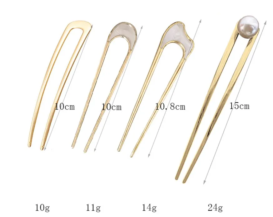 Korean U Shape Elegant Rose Gold Black Silver Metal Hair Stick Handmade Pearl Chopstick Girls Hair Accessories Hair Clips Pins
