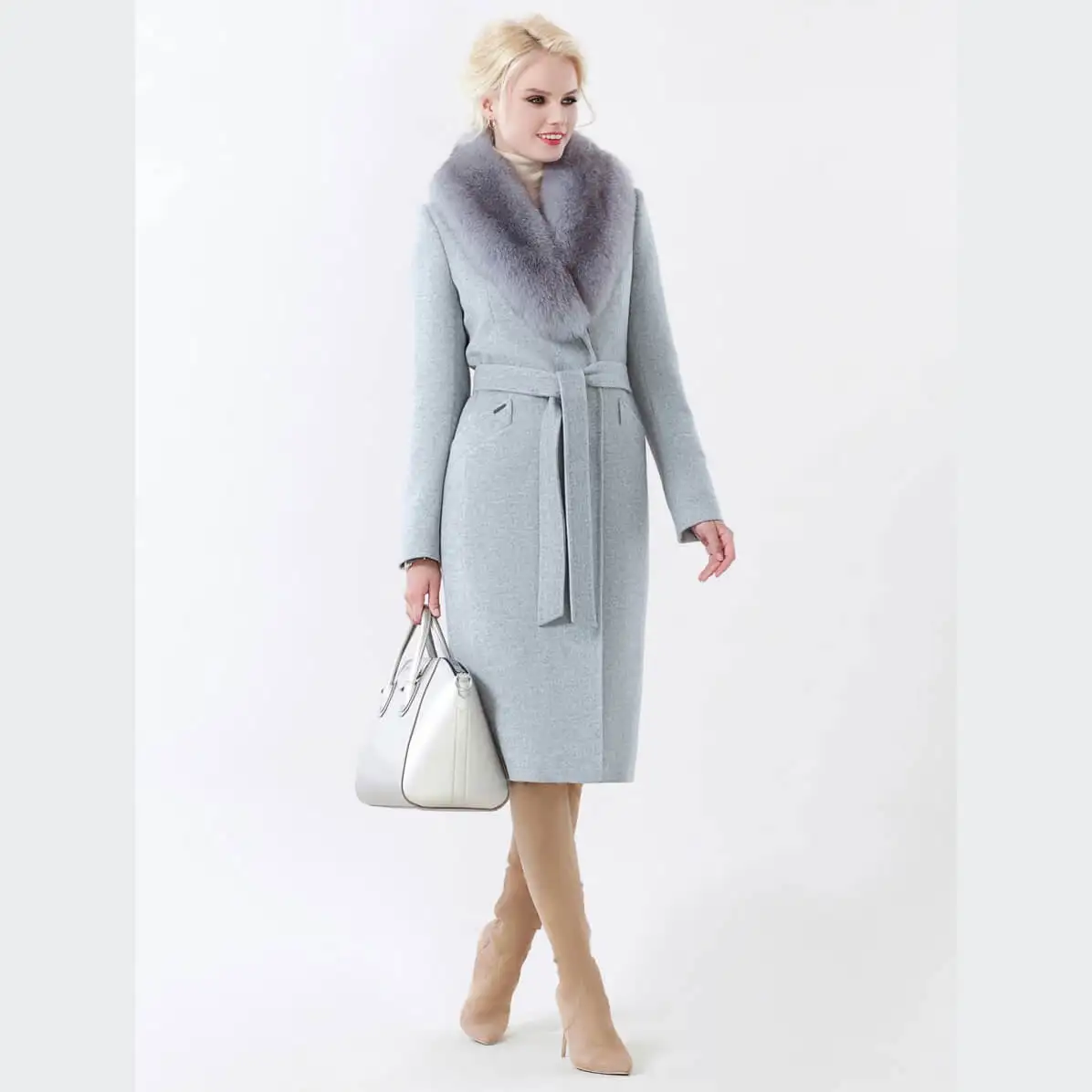 Hot selling overcoat 100% cashmere custom winter woman coat wool coats with real fur collar
