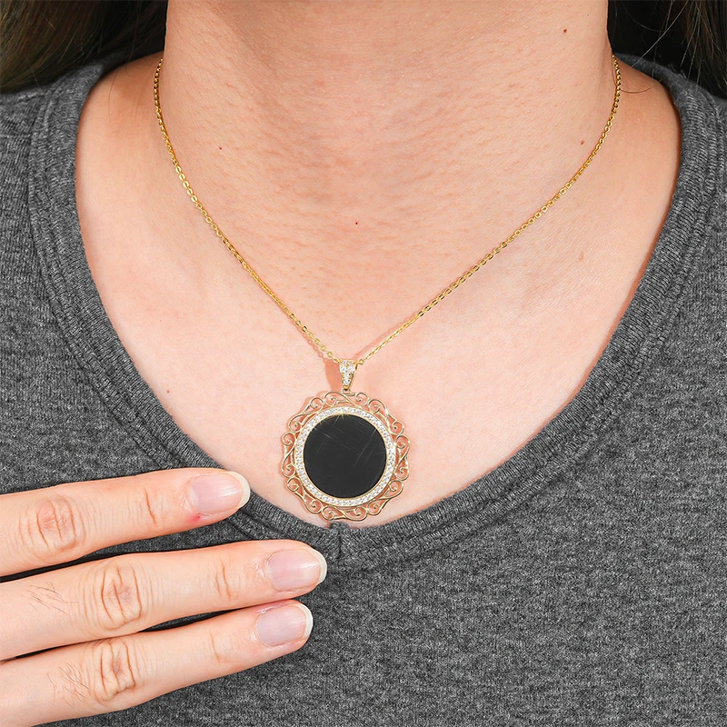 Brilliant Real 14K Solid Gold Pendant CZ Stones Halo Cubic Zirconia Black Onyx Circle necklace with 925 Silver Link Chain
