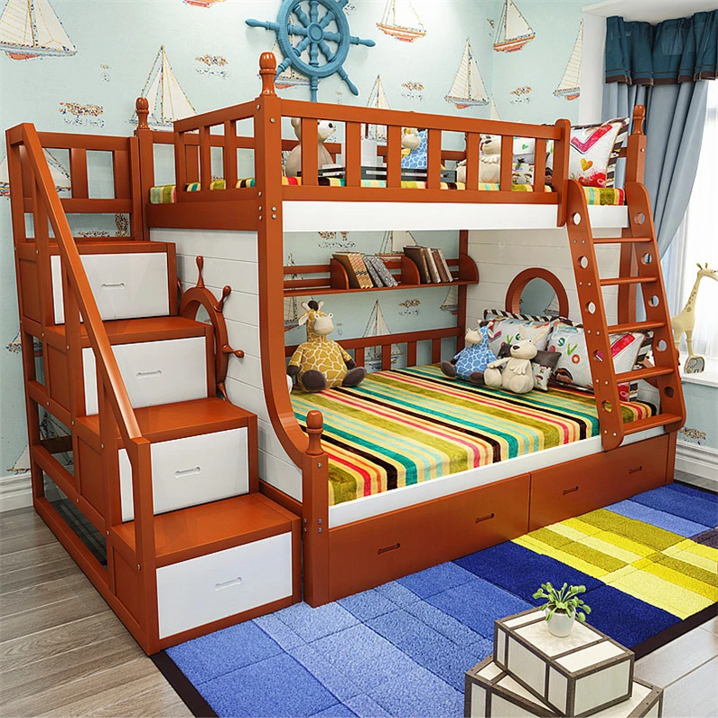 Cheap Prices Solid Wood Children Furniture Bunk Bed with Ladder and Bookshelf
