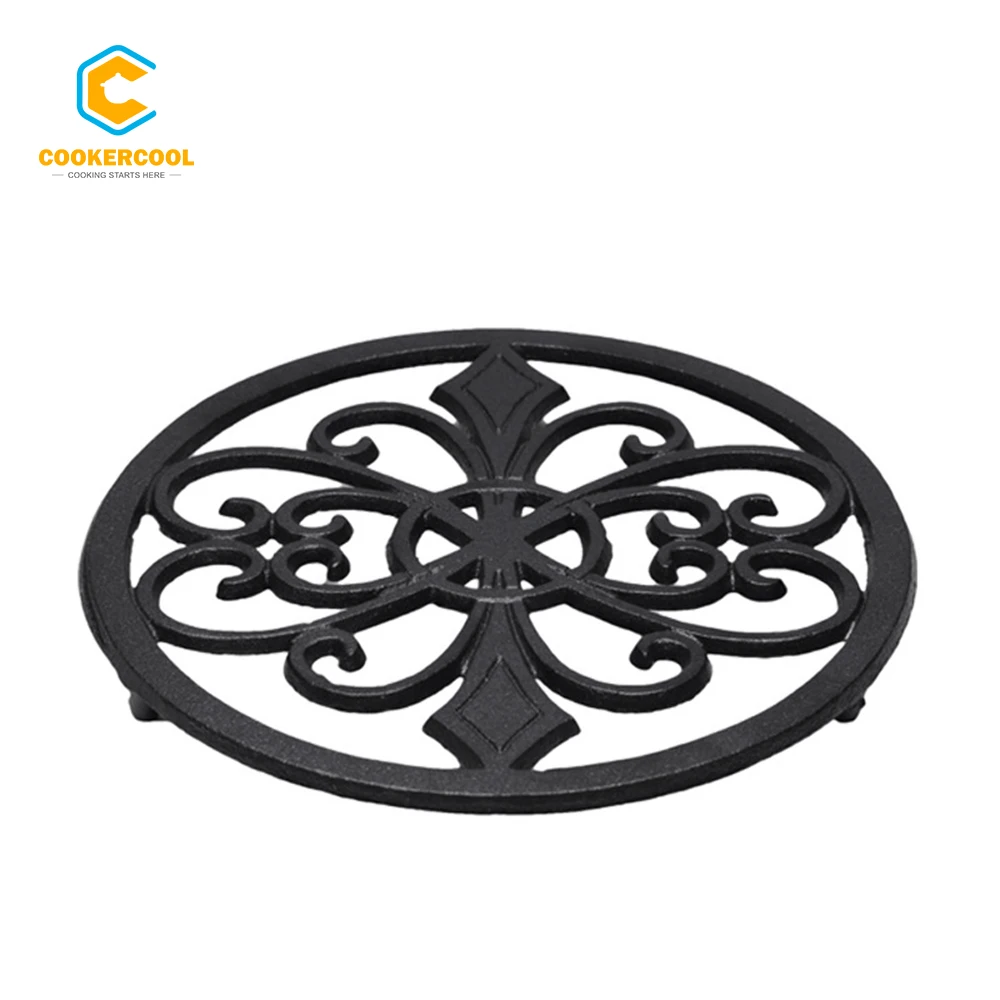 Cookercool Cast Iron Decorative Round Trivet Mat Hot Pot Holder Pads with Vintage Pattern and Rubber Pegs