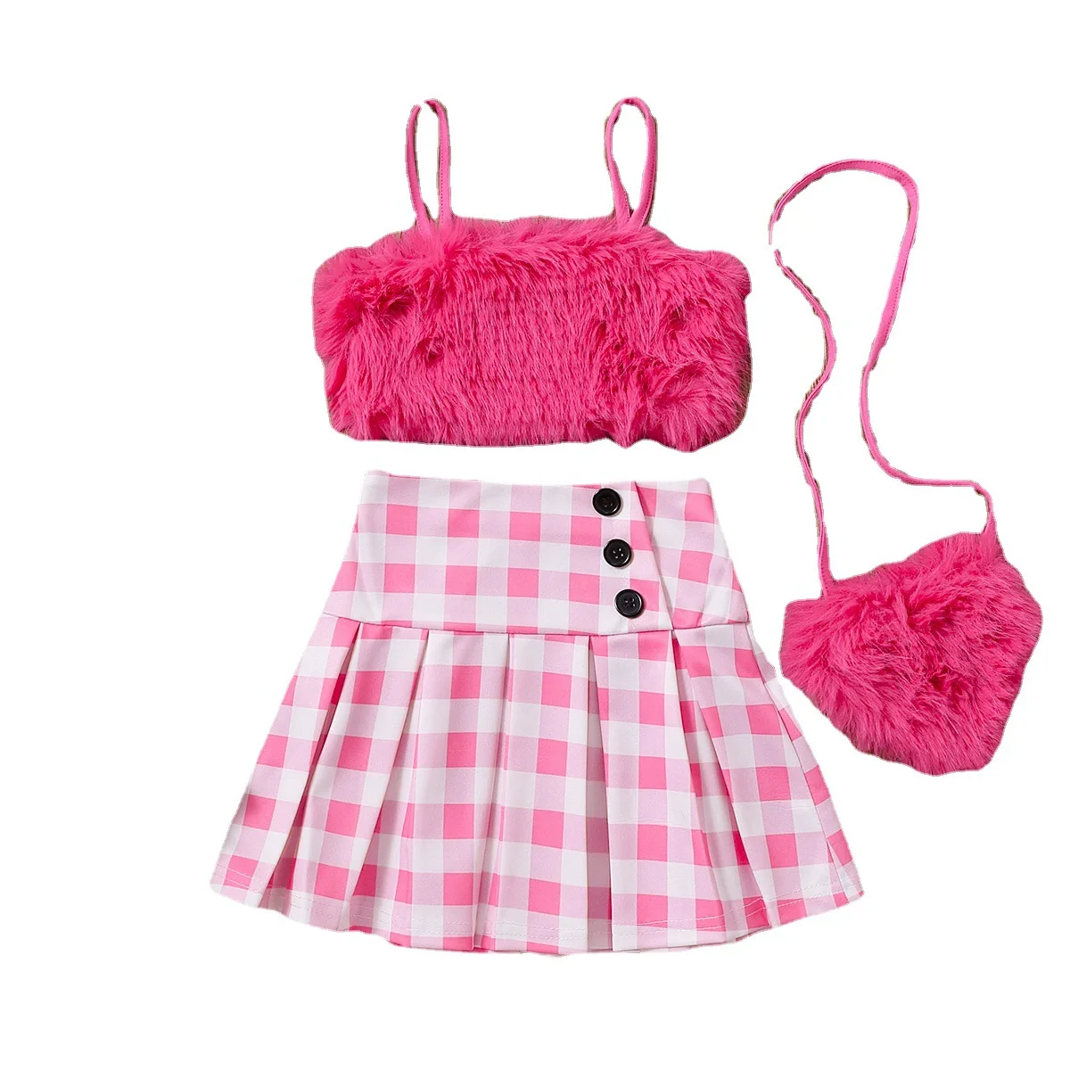 Baby Girls Clothes Furry Straps Top Matching Plaid Skirt Suit 3 pcs Toddler Clothes Sets with Bag