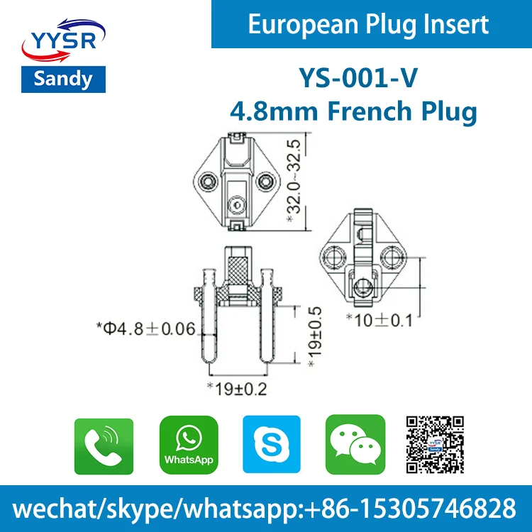 YS-001 french germany plug insert 4.8MM 10/16A VDE approved pin bridge