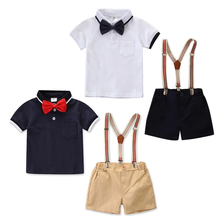 Gentleman Outfits Suits 3 Piece Short Sleeve Polo Shirt+Bib Pants+Bow Tie Boy Polo Short Set
