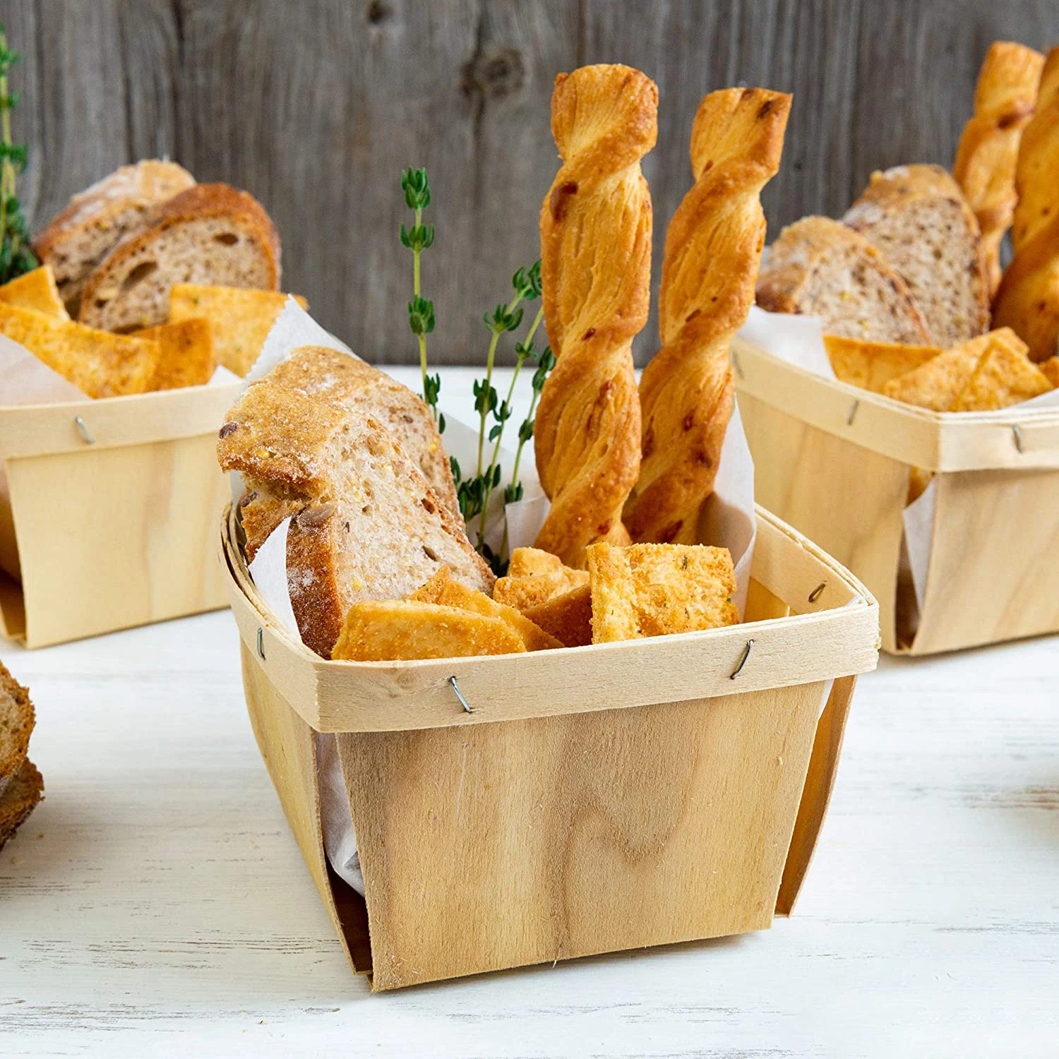 One Quart Wooden Berry Bread Baskets 5.75-Inch Square Vented Wood Boxes for Fruit Picking Loaf Storage