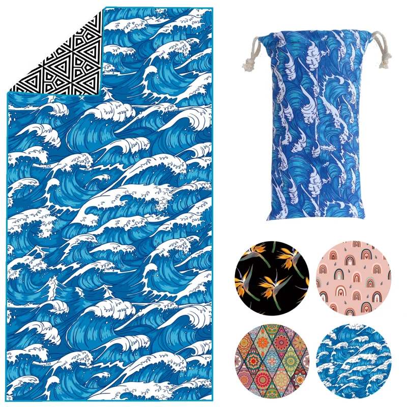 high quality ready to ship quick dry Suede Microfiber Two Side Printed recycled plastic sand free beach towel with matching bag