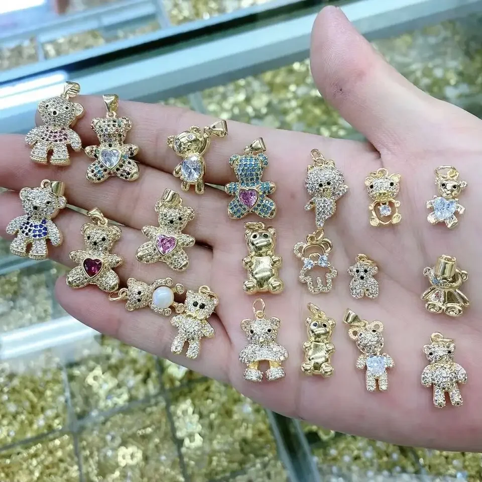 Brass Gold Plated Bling Diamond Crystal Heart Bear Necklace