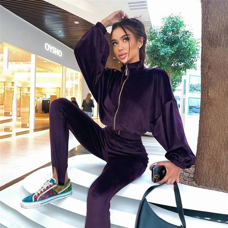 New Arrival Zip Tops And Stirrup Leggings Two Pieces Set Notched Wholesale Sweat Suits Velour Lady Tracksuit