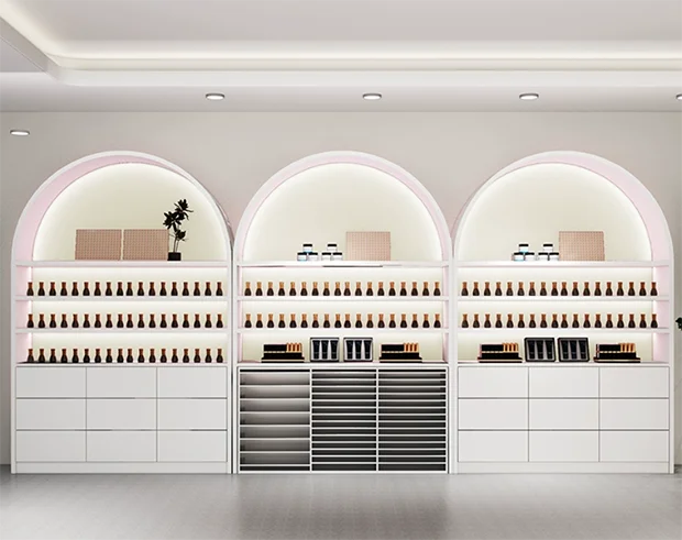 custom body care essence oil display shelves essence oil showcase with LED light Hair Serum Essential promotion display stand