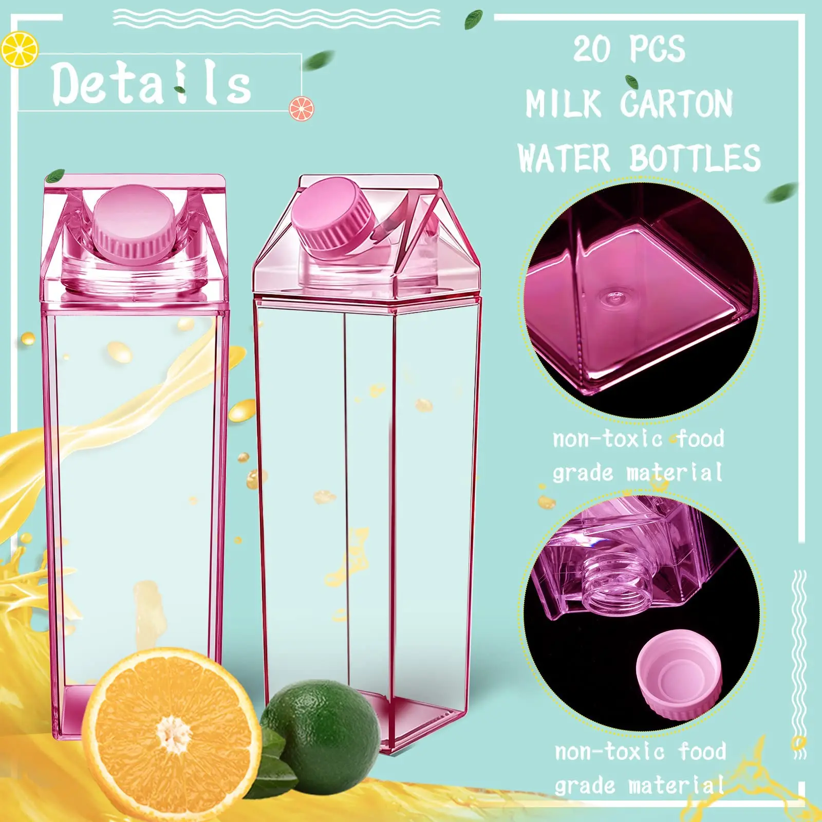 500/1000ML Clear Milk Carton Water Bottles Bulk Plastic Square Milk Bottles Portable Reusable Milk Box Leakproof Cup for Outdoor