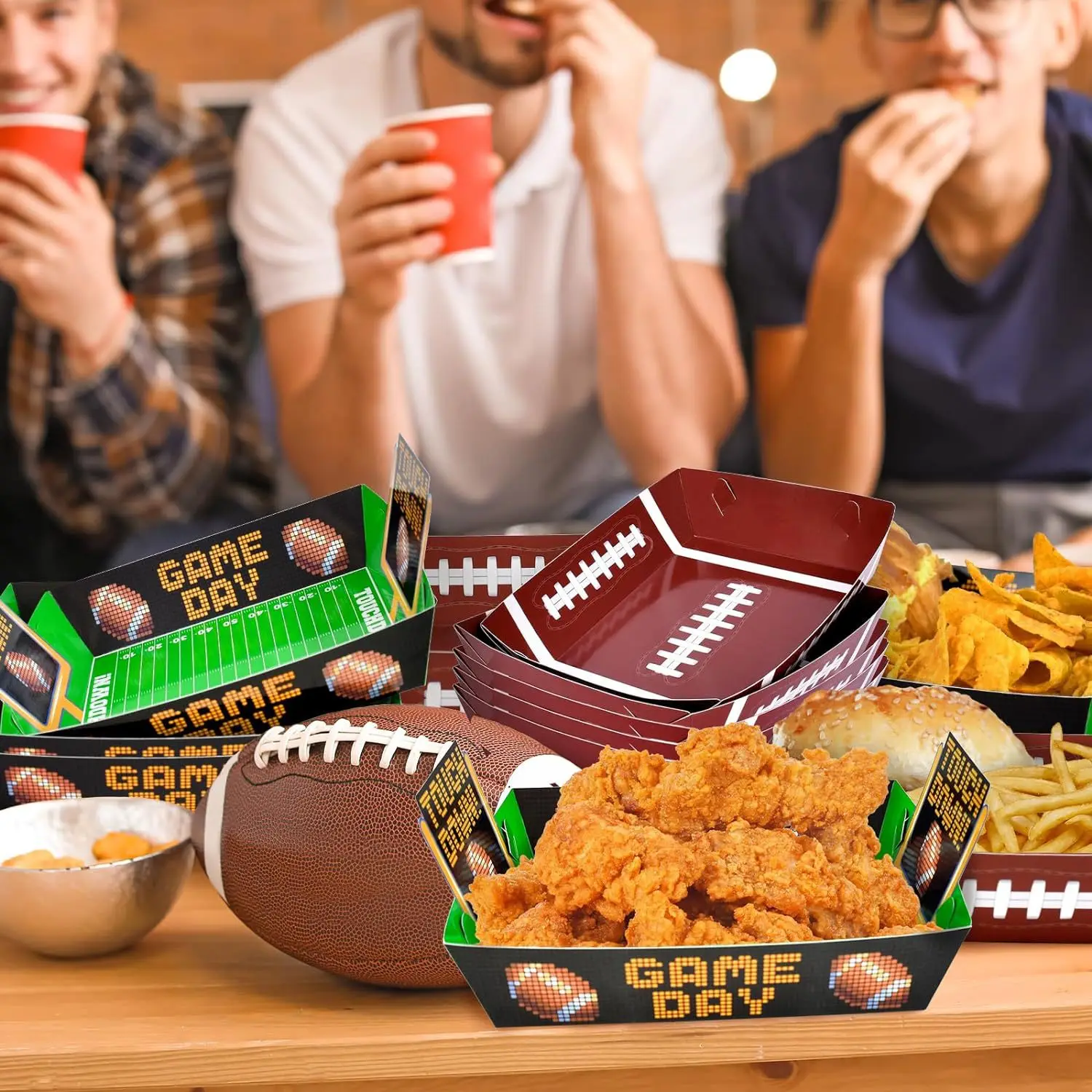 CIVI Football Paper Snack Trays Set Disposable Football Food Trays Popcorn Nacho Serving Trays Hold Party Supplies