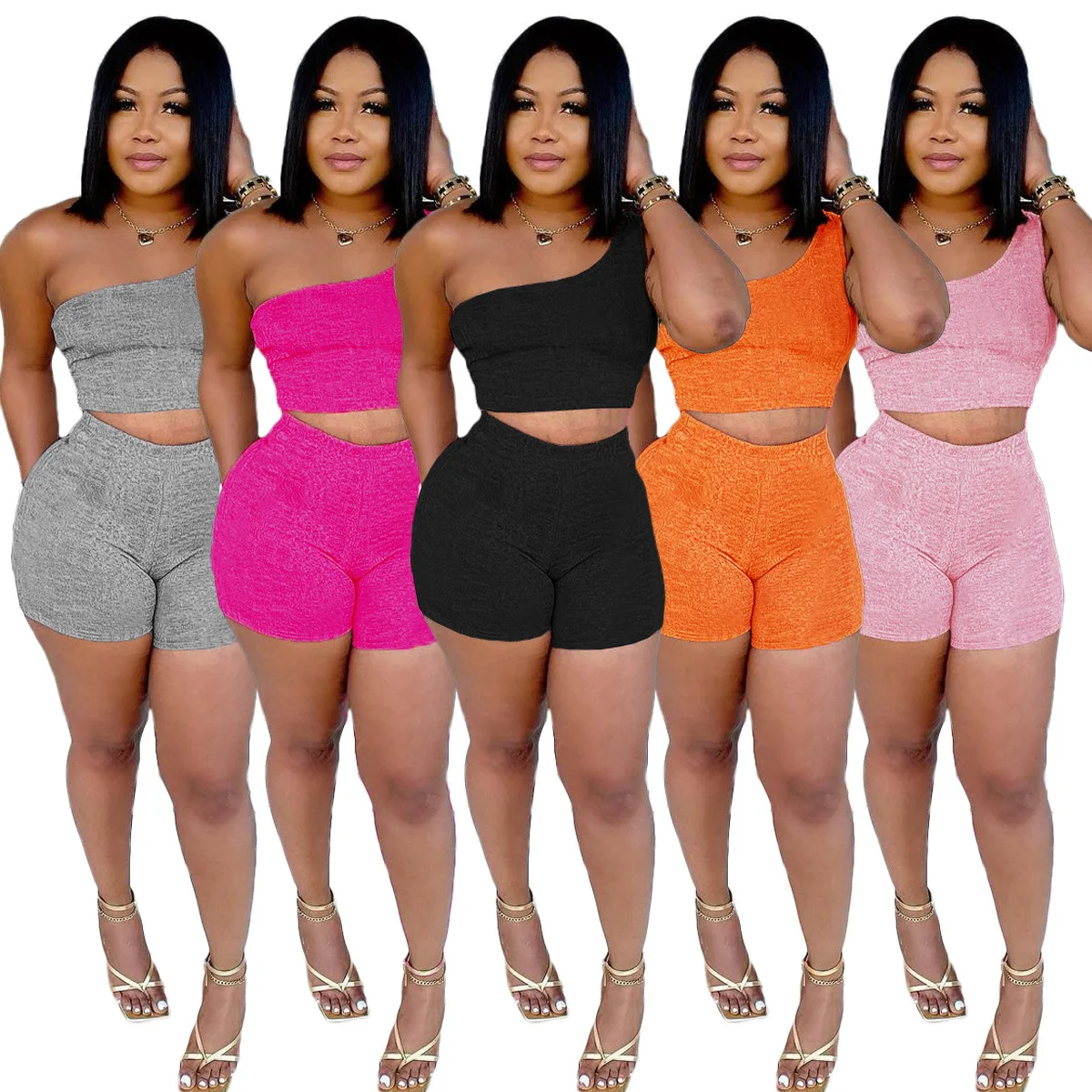 2022 new arrivals summer sets Solid color one shoulder sports bra halter top crop top women jogger biker two piece short set