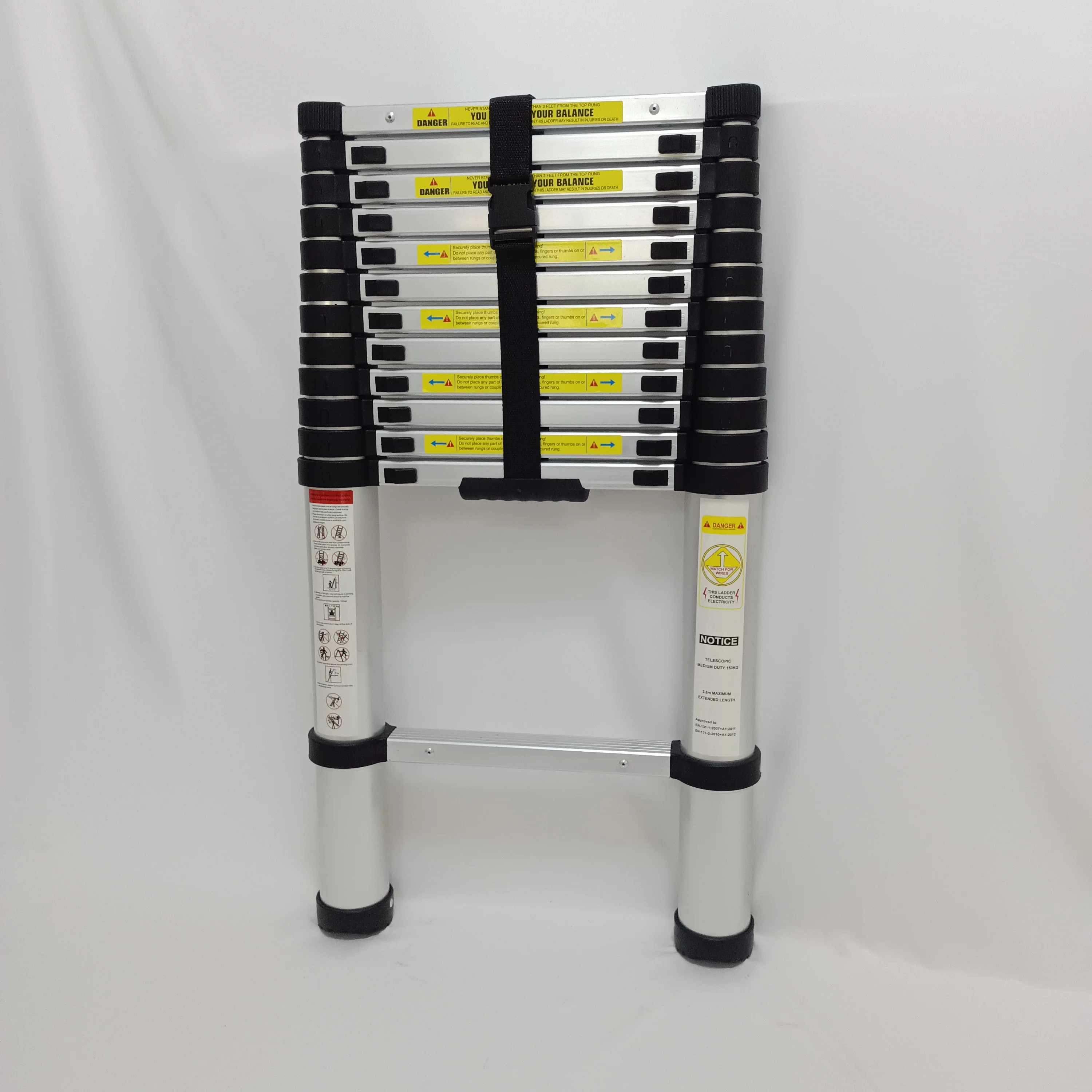 2022 new type TUV Standard 3.8 m Height Aluminum 13 steps telescopic ladder 3.8 with safe close down slowly.safety close