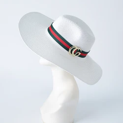 Green Red Striped Ribbon With metal Decorative Paper Straw Outdoor Hat For Women Men Wide brim Summer beach sunshade
