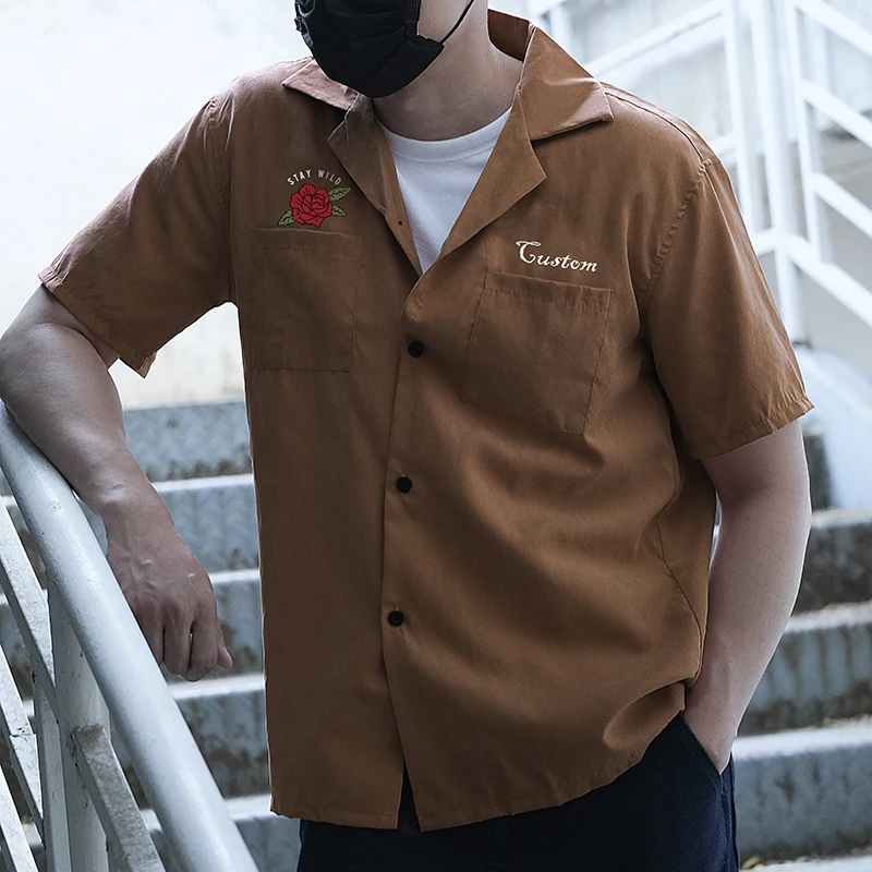 Wholesale Custom Logo Mens Camp Collar Uniform Printed Open Button Up Half Sleeved Letter Two Pocket Plaid Casual Shirts For Men