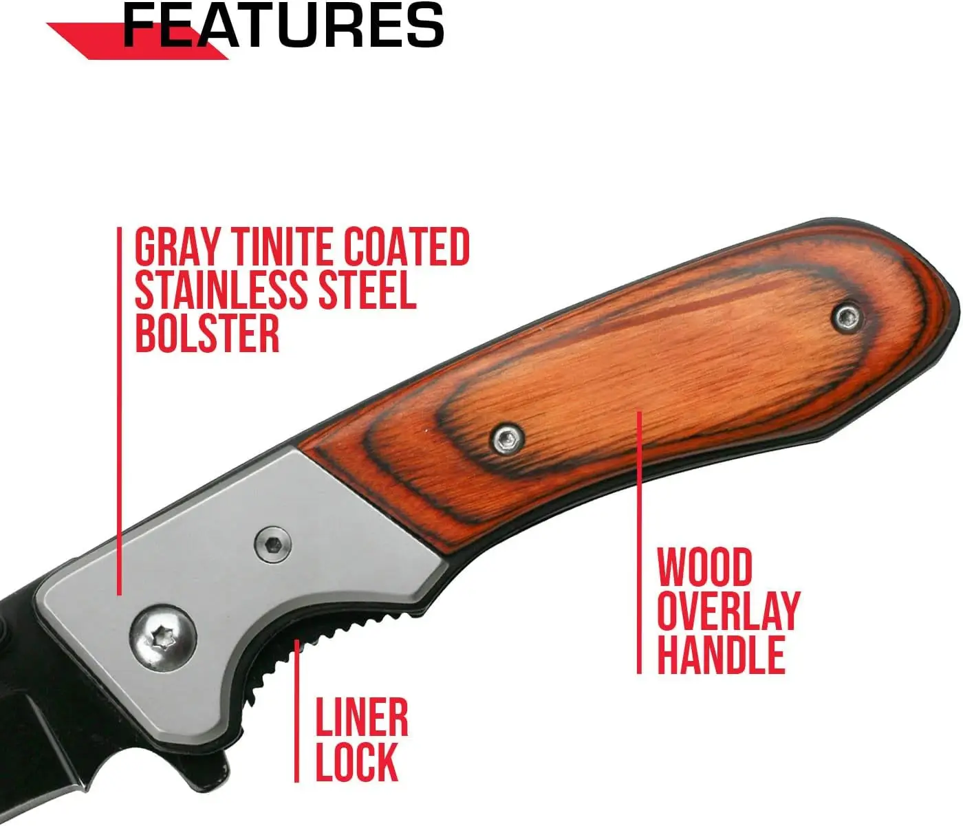 Folding Pocket Knife Stainless Steel Drop Point Blade, Brown Wood Handle with Stainless Steel  Pocket Clip, Tactical, EDC,