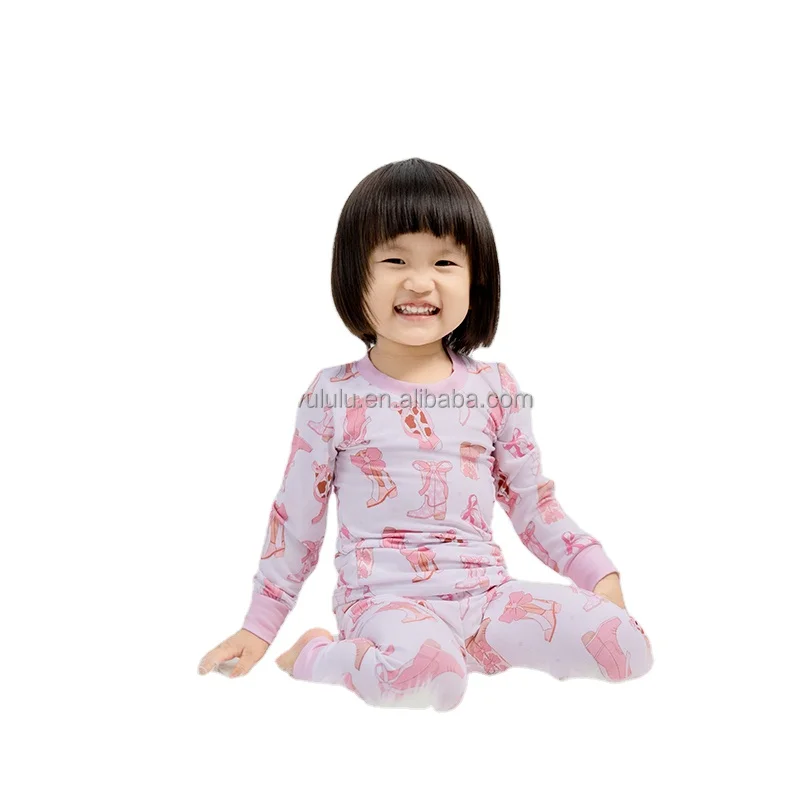 Pink Fur Girls Bamboo Two Piece Pajamas Clothing Sets Fall Winter Long Sleeve Baby Bamboo Pajamas With Button