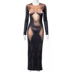 Skinny Sexy 3D Body Print Ladies Jumpsuits Women Bodycon Jumpsuit Round neck long sleeve jumpsuit