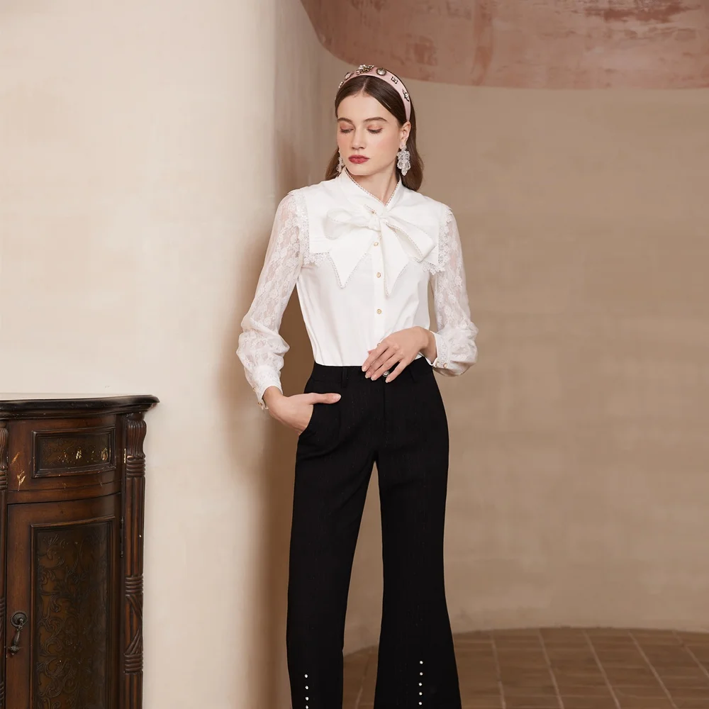Bow Collar Lace Patchwork Shirt Blusas De Mujer Blouses Et Chemises Pour Femmes Stylish Shirt